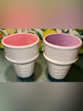 Ice Cream Cone Ceramic Dessert Cups with Pink and Lavender Interiors
